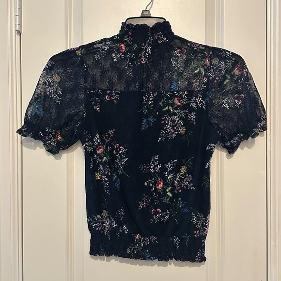 Black Sheer Floral Lace Top With Smocked Neck & Hem Short Puff Sleeves By Eyesha - Picture 2 of 7
